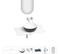 Раковина-столешница Wellsee La.lune набор 7 в 1: каменная раковина матового черного/матового белого цвета, столешница 80 см, кронштейны, смеситель, сифон, зеркало 202008051