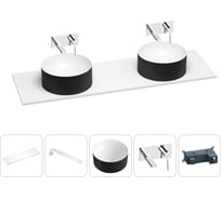 Раковина-столешница Wellsee Le.charme в наборе 5 в 1: две раковины из камня с подвесной столешницей 140 см (цвет матовый черный/матовый белый), кронштейны, смесители 202007517