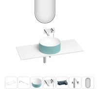 Раковина-столешница Wellsee Le.charme набор 7 в 1: каменная раковина матового бирюзового/матового белого цвета, столешница 120 см, кронштейны, смеситель, сифон, зеркало 202008177