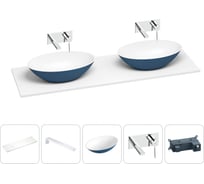 Раковина-столешница Wellsee Le.huit.mars в наборе 5 в 1: две раковины из камня с подвесной столешницей 150 см (цвет матовый темно-синий/матовый белый), кронштейны, смесители 202007363