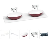 Раковина-столешница Wellsee Le.huit.mars в наборе 5 в 1: две раковины из камня с подвесной столешницей 160 см (цвет матовый пурпурно-красный/матовый белый), кронштейны, смесители 202007350