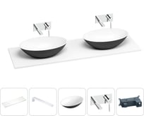 Раковина-столешница Wellsee Le.huit.mars в наборе 5 в 1: две раковины из камня с подвесной столешницей 160 см (цвет матовый черный/матовый белый), кронштейны, смесители 202007336