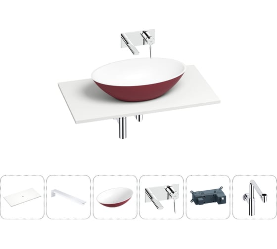 Раковина-столешница Wellsee Le.huit.mars в наборе 6 в 1: каменная раковина матового пурпурно-красного/матового белого цвета, столешница 90 см, кронштейны, смеситель, сифон 202007646 1