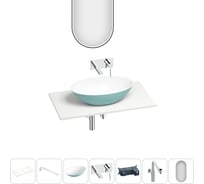 Раковина-столешница Wellsee Le.huit.mars набор 7 в 1: каменная раковина матового бирюзового/матового белого цвета, столешница 90 см, кронштейны, смеситель, сифон, зеркало 202007982