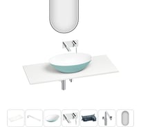 Раковина-столешница Wellsee Le.huit.mars набор 7 в 1: каменная раковина матового бирюзового/матового белого цвета, столешница 120 см, кронштейны, смеситель, сифон, зеркало 202007988