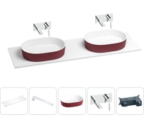 Раковина-столешница Wellsee Le.premier в наборе 5 в 1: две раковины из камня с подвесной столешницей 160 см (цвет матовый пурпурно-красный/матовый белый), кронштейны, смесители 202007292