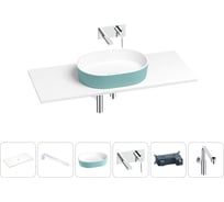 Раковина-столешница Wellsee Le.premier в наборе 6 в 1: каменная раковина матового бирюзового/матового белого цвета, столешница 100 см, кронштейны, смеситель, сифон 202007618