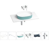 Раковина-столешница Wellsee Le.premier в наборе 6 в 1: каменная раковина матового бирюзового/матового белого цвета, столешница 90 см, кронштейны, смеситель, сифон 202007617
