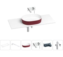 Раковина-столешница Wellsee Le.premier в наборе 6 в 1: каменная раковина матового пурпурно-красного/матового белого цвета, столешница 120 см, кронштейны, смеситель, сифон 202007593