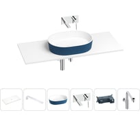 Раковина-столешница Wellsee Le.premier в наборе 6 в 1: каменная раковина матового темно-синего/матового белого цвета, столешница 100 см, кронштейны, смеситель, сифон 202007603