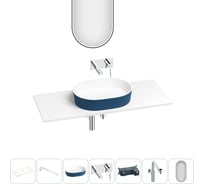 Раковина-столешница Wellsee Le.premier набор 7 в 1: каменная раковина матового темно-синего/матового белого цвета, столешница 100 см, кронштейны, смеситель, сифон, зеркало 202007911