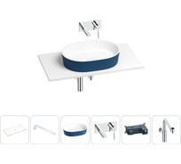 Раковина-столешница Wellsee Le.premier в наборе 6 в 1: каменная раковина матового темно-синего/матового белого цвета, столешница 90 см, кронштейны, смеситель, сифон 202007602