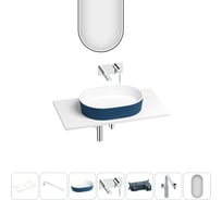 Раковина-столешница Wellsee Le.premier набор 7 в 1: каменная раковина матового темно-синего/матового белого цвета, столешница 90 см, кронштейны, смеситель, сифон, зеркало 202007910