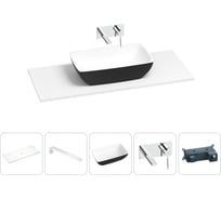 Раковина-столешница для ванной Wellsee La.chance в наборе 5 в 1: каменная раковина матового черного/матового белого цвета, столешница 120 см, кронштейны, смеситель 202007386