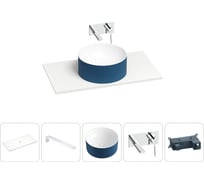 Раковина-столешница для ванной Wellsee Le.charme в наборе 5 в 1: каменная раковина матового темно-синего/матового белого цвета, столешница 90 см, кронштейны, смеситель 202007538