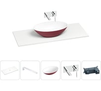 Раковина-столешница для ванной Wellsee Le.huit.mars в наборе 5 в 1: каменная раковина матового пурпурно-красного/матового белого цвета, столешница 100 см, кронштейны, смеситель 202007339