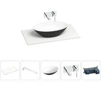 Раковина-столешница для ванной Wellsee Le.huit.mars в наборе 5 в 1: каменная раковина матового черного/матового белого цвета, столешница 80 см, кронштейны, смеситель 202007323