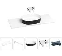Раковина-столешница для ванной Wellsee Le.premier в наборе 5 в 1: каменная раковина матового черного/матового белого цвета, столешница 120 см, кронштейны, смеситель 202007270