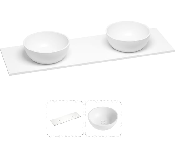 Раковина-столешница с двумя чашами Wellsee La.lune в наборе 2 в 1: раковины из камня с подвесной/мебельной столешницей 120 см, цвет матовый белый, без кронштейнов для подвесного монтажа 214601028 1