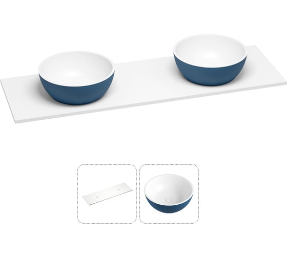 Раковина-столешница с двумя чашами Wellsee La.lune в наборе 2 в 1: раковины из камня с подвесной/мебельной столешницей 120 см (цвет матовый темно-синий/матовый белый) 214604028 1