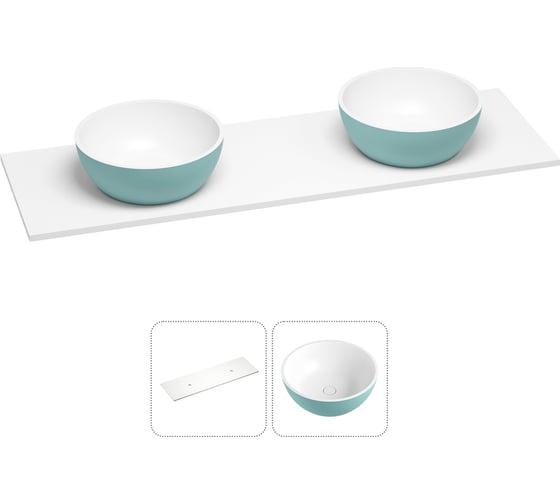 Раковина-столешница с двумя чашами Wellsee La.lune в наборе 2 в 1: раковины из камня с подвесной/мебельной столешницей 160 см (цвет матовый бирюзовый/матовый белый) 214605034 1