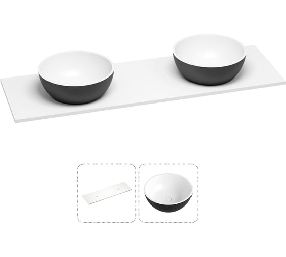 Раковина-столешница с двумя чашами Wellsee La.lune в наборе 2 в 1: раковины из камня с подвесной/мебельной столешницей 160 см (цвет матовый черный/матовый белый) 214602034 1