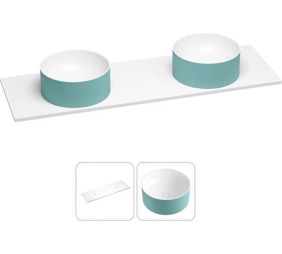 Раковина-столешница с двумя чашами Wellsee Le.charme в наборе 2 в 1: раковины из камня с подвесной/мебельной столешницей 140 см (цвет матовый бирюзовый/матовый белый) 214705032 1