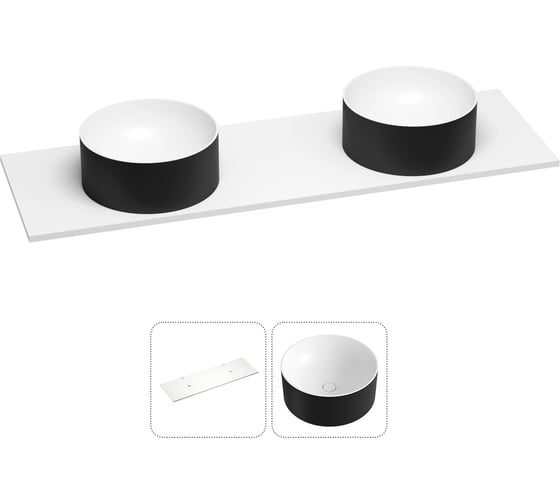 Раковина-столешница с двумя чашами Wellsee Le.charme в наборе 2 в 1: раковины из камня с подвесной/мебельной столешницей 140 см (цвет матовый черный/матовый белый) 214702015 1