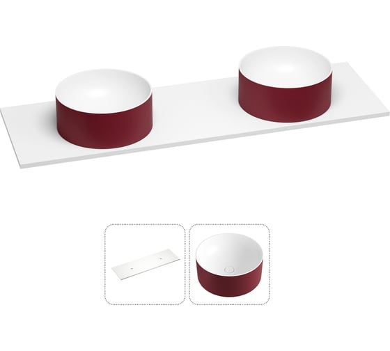 Раковина-столешница с двумя чашами Wellsee Le.charme в наборе 2 в 1: раковины из камня с подвесной/мебельной столешницей 160 см (цвет матовый пурпурно-красный/матовый белый) 214703034 1