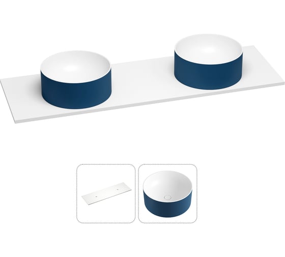 Раковина-столешница с двумя чашами Wellsee Le.charme в наборе 2 в 1: раковины из камня с подвесной/мебельной столешницей 150 см (цвет матовый темно-синий/матовый белый) 214704033 1