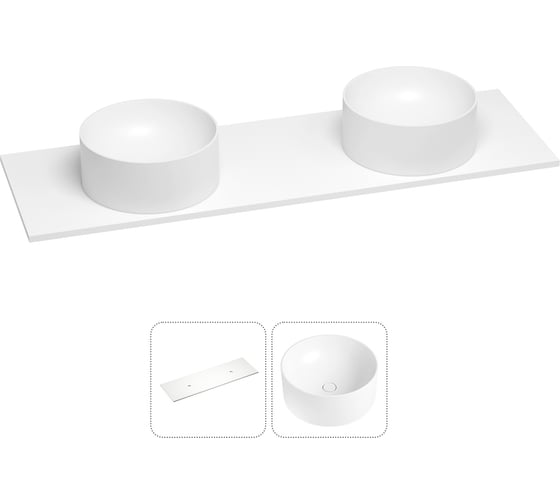 Раковина-столешница с двумя чашами Wellsee Le.charme в наборе 2 в 1: раковины из камня с подвесной/мебельной столешницей 160 см, цвет матовый белый, без кронштейнов для подвесного монтажа 214701034 1