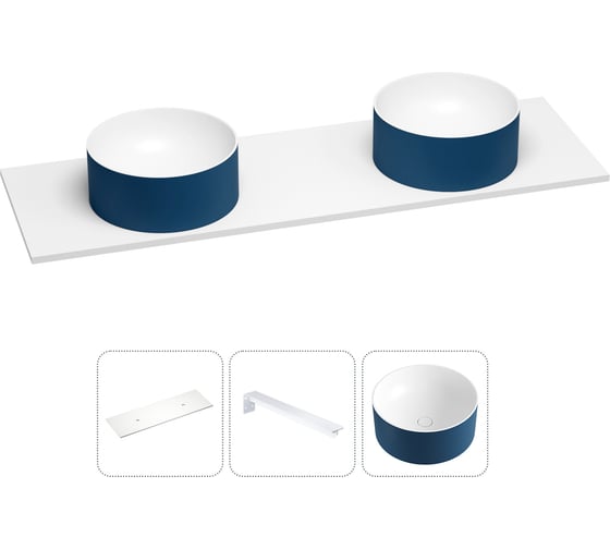 Раковина-столешница с двумя чашами Wellsee Le.charme в наборе 3 в 1: раковины из камня с подвесной столешницей 160 см (цвет матовый темно-синий/матовый белый), с кронштейнами 202007245 1