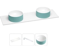 Раковина-столешница с двумя чашами Wellsee Le.charme в наборе 3 в 1: раковины из камня с подвесной столешницей 140 см (цвет матовый бирюзовый/матовый белый), с кронштейнами 202007260