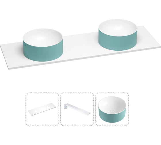 Раковина-столешница с двумя чашами Wellsee Le.charme в наборе 3 в 1: раковины из камня с подвесной столешницей 140 см (цвет матовый бирюзовый/матовый белый), с кронштейнами 202007260 1