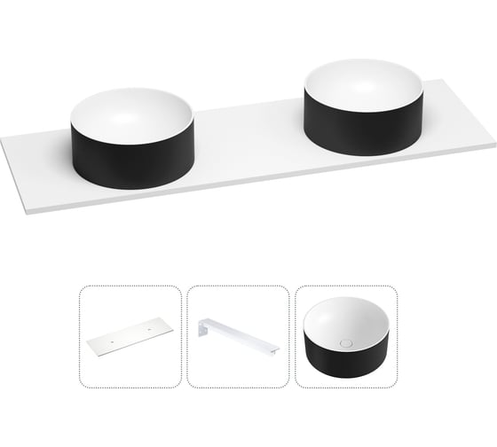 Раковина-столешница с двумя чашами Wellsee Le.charme в наборе 3 в 1: раковины из камня с подвесной столешницей 120 см (цвет матовый черный/матовый белый), с кронштейнами 202007205 1