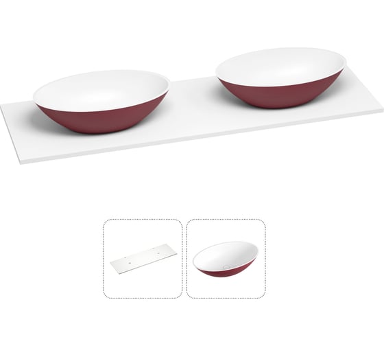 Раковина-столешница с двумя чашами Wellsee Le.huit.mars в наборе 2 в 1: раковины из камня с подвесной/мебельной столешницей 160 см (цвет матовый пурпурно-красный/матовый белый) 214403014 1