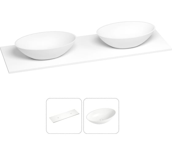 Раковина-столешница с двумя чашами Wellsee Le.huit.mars в наборе 2 в 1: раковины из камня с подвесной/мебельной столешницей 150 см, цвет матовый белый, без кронштейнов для подвесного монтажа 214401027 1