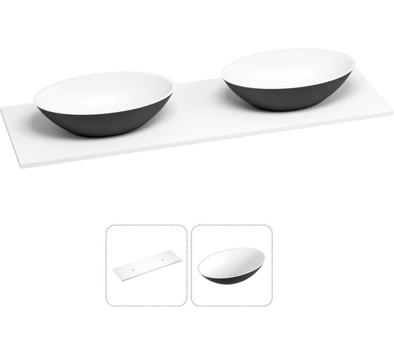 Раковина-столешница с двумя чашами Wellsee Le.huit.mars в наборе 2 в 1: раковины из камня с подвесной/мебельной столешницей 160 см (цвет матовый черный/матовый белый) 214402028 1