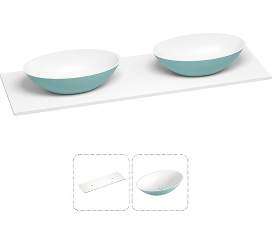 Раковина-столешница с двумя чашами Wellsee Le.huit.mars в наборе 2 в 1: раковины из камня с подвесной/мебельной столешницей 160 см (цвет матовый бирюзовый/матовый белый) 214405028 1