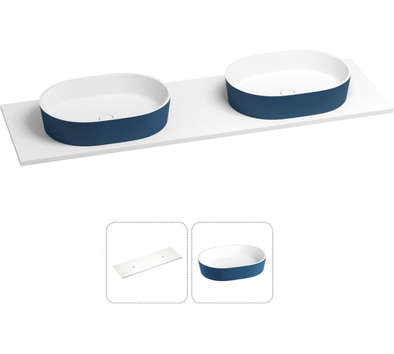 Раковина-столешница с двумя чашами Wellsee Le.premier в наборе 2 в 1: раковины из камня с подвесной/мебельной столешницей 150 см (цвет матовый темно-синий/матовый белый) 214304029 1