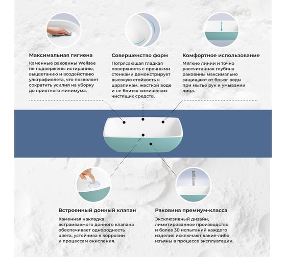 Раковина-столешница с чашей слева Wellsee La.chance в наборе 2 в 1: раковина из камня с подвесной/мебельной столешницей 130 см (цвет матовый бирюзовый/матовый белый) 214505025