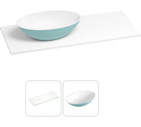 Раковина-столешница с чашей слева Wellsee Le.huit.mars в наборе 2 в 1: раковина из камня с подвесной/мебельной столешницей 120 см (цвет матовый бирюзовый/матовый белый) 214405009 1