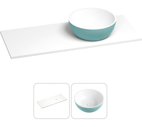 Раковина-столешница с чашей справа Wellsee La.lune в наборе 2 в 1: раковина из камня с подвесной/мебельной столешницей 100 см (цвет матовый бирюзовый/матовый белый) 214605022 1