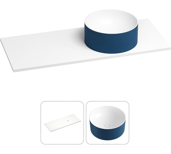 Раковина-столешница с чашей справа Wellsee Le.charme в наборе 2 в 1: раковина из камня с подвесной/мебельной столешницей 120 см (цвет матовый темно-синий/матовый белый) 214704027 1