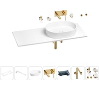Раковина-столешница с чашей справа Wellsee Le.premier в наборе 10 в 1: раковина, столешница 100 см, кронштейны, смеситель, сифон, аксессуары (цвет набора золото) 202004667
