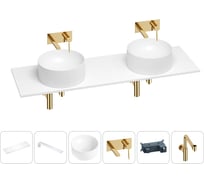 Раковина-столешница с двумя чашами Wellsee Le.charme в наборе 6 в 1: раковины, столешница 150 см, кронштейны, смесители, сифоны (цвет набора золото) 202004637