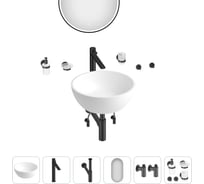 Накладная раковина Wellsee La.lune набор 9 в 1: раковина из камня в матовом белом цвете, смеситель, сифон, угловые вентили 2 шт, аксессуары 5 шт, зеркало (цвет набора матовый черный) 202000174