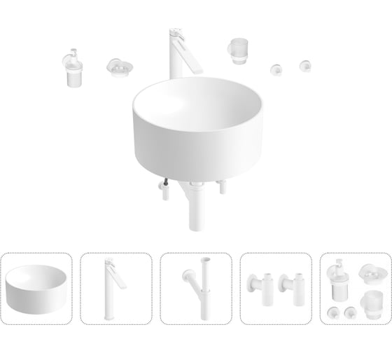 Накладная раковина Wellsee Le.charme набор 8 в 1: раковина из камня в матовом белом цвете, смеситель, сифон, угловые вентили 2 шт, аксессуары 5 шт. (цвет набора матовый белый) 202000150 1