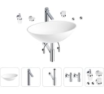 Накладная раковина Wellsee Le.huit.mars набор 8 в 1: раковина из камня в матовом белом цвете, смеситель, сифон, угловые вентили 2 шт, аксессуары 5 шт. (цвет набора хром) 202000131