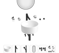 Накладная раковина Wellsee Le.charme набор 9 в 1: раковина из камня в матовом белом цвете, смеситель, сифон, угловые вентили 2 шт, аксессуары 5 шт, зеркало (цвет набора матовый черный) 202000183